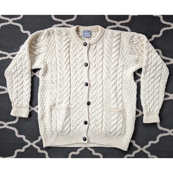 Aran Crafts Other - Aran Woollen Mills Mens XL Cream White Cable Knit‎ Pocket Ireland Button Up